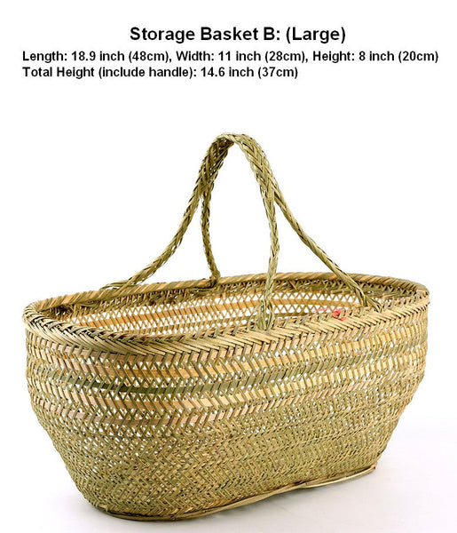 Picnic Food Basket with Handle, Large Natural Hand-woven Bamboo Basket, Lovely Bamboo Baskets for Vegetable, Natural Fruit Basket Kitchen Storage Baskets-artworkcanvas