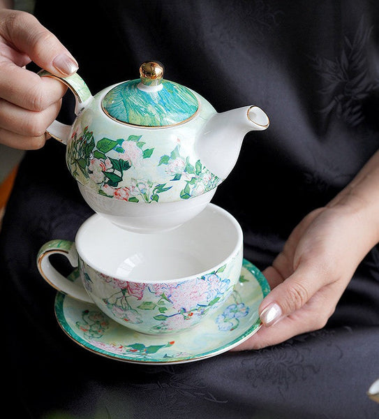 Vintage Style Stackable Tea Pot Set, English Style Tea Pot and Cup Set, Ceramic Tea Pot with Integrated Cup, Mother-and-Baby Teapot with Matching Saucer-artworkcanvas
