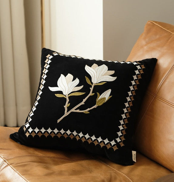 Decorative Pillow Arrangement Ideas for Couch, Magnolia Embroidered Cushion, Large Decorative Pillows for Couch, Modern Throw Pillows for Bedroom, Living Room Decorative Pillows-artworkcanvas