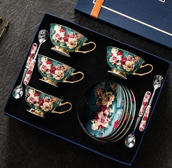 Large Rose Royal Ceramic Cups, Afternoon Porcelain Tea Cup Saucer Set, 6.8 oz Tea Cup and Saucer in Gift Box, Elegant Flower Ceramic Coffee Cups-artworkcanvas