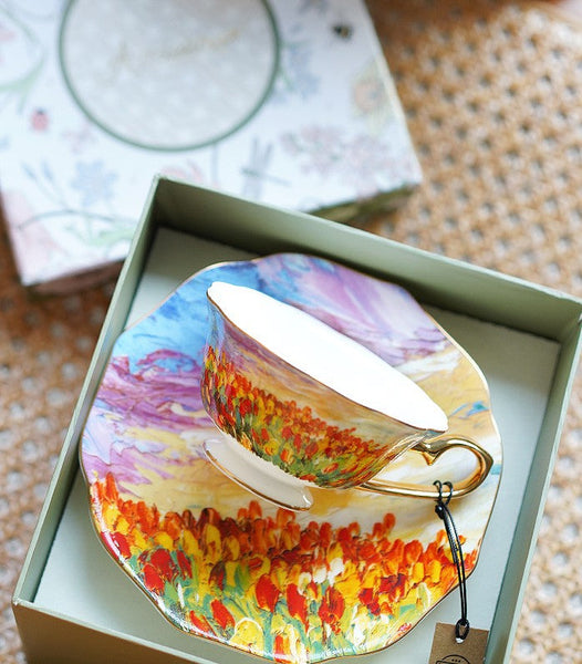Elegant Ceramic Coffee Cups, Flower Field Vintage Porcelain Tea Cup Saucer Set, Unique British Tea Cup and Saucer in Gift Box, Royal Ceramic Cups-artworkcanvas