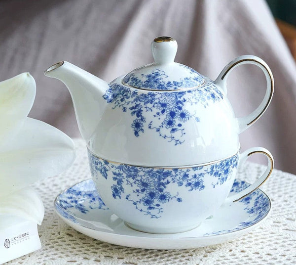 Mother and Baby Teapot with Matching Saucer British Style Porcelain Teapot with Matching Cup and Saucer in Gift Box, Ceramic Tea Pot with Integrated Cup, Stackable Teapot and Cup Set-artworkcanvas