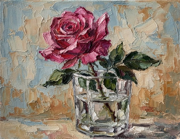 Original Oil Paintings, Impasto Red Rose in Glass Vase, Hand Painted Canvas Art, Original Flower Paintings, Small Canvas Art, Impasto Canvas Artwork