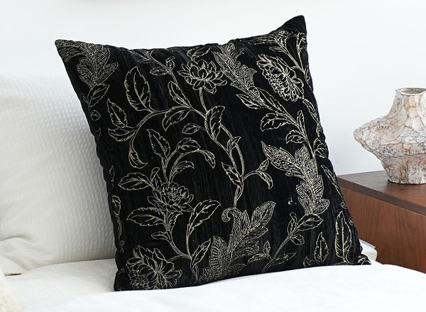 Contemporary Modern Sofa Pillows, Black Embroidery Flower Pattern Pillows for Couch, Decorative Throw Pillows for Bedroom, Large Modern Sofa Pillow for Dining Room-artworkcanvas