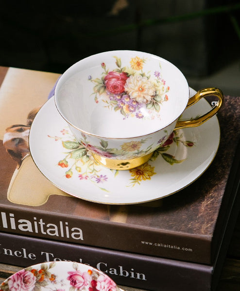 Elegant Rose Flower Ceramic Cups, Unique Royal Coffee Cup and Saucer, Creative Porcelain Tea Cup Saucer Set, Beautiful British Tea Cups-artworkcanvas