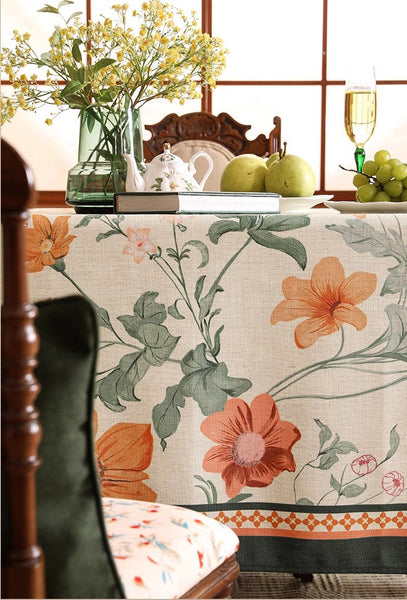 Linen Table Cover for Dining Room Table, Beautiful Kitchen Table Cover, Spring Flower Tablecloth for Round Table, Simple Modern Rectangle Tablecloth Ideas for Oval Table-artworkcanvas