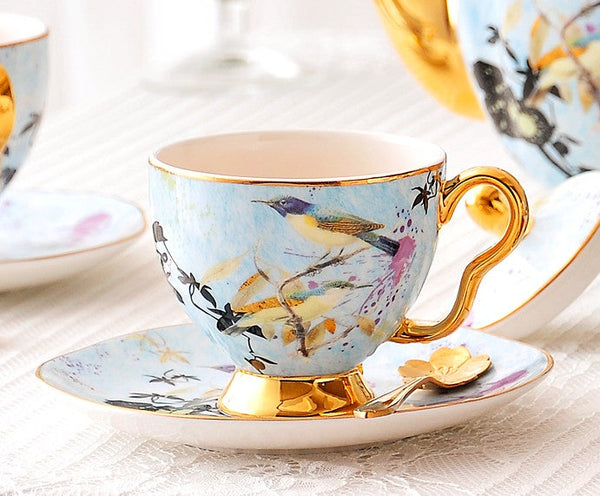 Elegant Ceramic Coffee Cups, Unique Bird Flower Tea Cup and Saucer in Gift Box as Birthday Gift, Beautiful British Tea Cups, Royal Porcelain Tea Cup Set-artworkcanvas