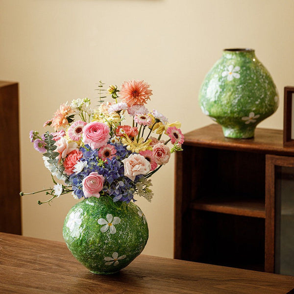 Modern Pottery Flower Vases, Centerpiece on Dining Table, Handmade Water Holding Flower Vases, Pottery Bud Vases, Large Green Flower Vases on Table-artworkcanvas