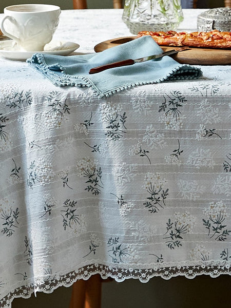 Flower Pattern White Tablecloth for Round Table, Rustic Farmhouse Table Cover for Kitchen, Modern Rectangle Tablecloth Ideas for Dining Room Table-artworkcanvas