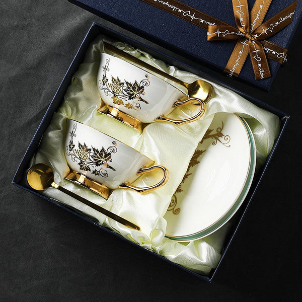 Elegant British Ceramic Coffee Cups, 7.4 oz Golden Leaves and Grapes Porcelain Tea Cup Saucer Set, Unique British Tea Cup and Saucer in Gift Box-artworkcanvas