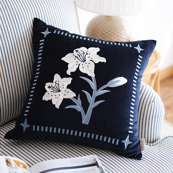 Dark Blue Lily Embroidered Cushion, Living Room Decorative Pillows, Decorative Pillow Arrangement Ideas for Couch, Large Decorative Pillows for Couch, Modern Throw Pillows for Bedroom-artworkcanvas