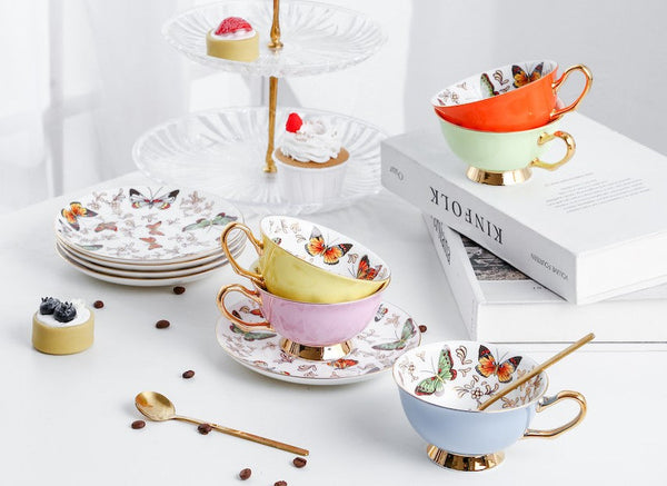 Creative Butterfly Ceramic Coffee Cups, Unique Butterfly Coffee Cups and Saucers, Beautiful British Tea Cups, Creative Bone China Porcelain Tea Cup Set-artworkcanvas