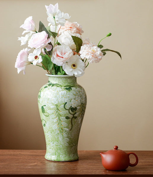 Large Flower Vases on Table, Green Porcelain Flower Vases, Centerpiece Ceramic Bud Vases, Handmade Water Holding Flower Vase-artworkcanvas