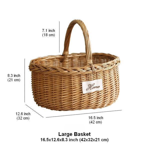 Hand-woven Wicker Storage Basket, Large Picnic Food Basket with Handle, Willow Weaving Baskets for Vegetable, Natural Fruit Basket, Kitchen Storage Baskets