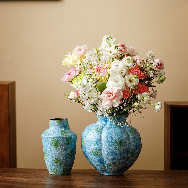 Centerpiece on Dining Table, Blue Flower Vase on Table, Handmade Water Holding Flower Vases, Pottery Flower Vases, Modern Bouquet Flower Vases-artworkcanvas