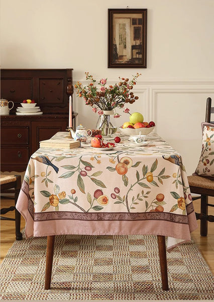 Bird and Fruit Tree Kitchen Table Cover, Linen Table Cover for Dining Room Table, Tablecloth for Round Table, Simple Modern Rectangle Tablecloth Ideas for Oval Table-artworkcanvas