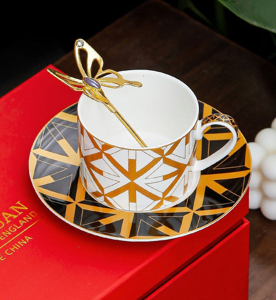 Modern Coffee Cup and Saucer, 8 oz Ceramic Cups, Creative Porcelain Tea Cup Saucer Set, Beautiful British Tea Cups-artworkcanvas