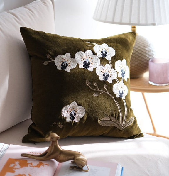 Large Decorative Pillows for Couch, Dark Olive Green Embroidered Moth Orchid Cushion, Decorative Pillow Arrangement Ideas for Couch, Living Room Decorative Pillows, Modern Throw Pillows for Bedroom-artworkcanvas