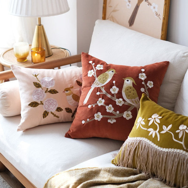 Modern Throw Pillows for Bedroom, Decorative Pillows for Couch, Vintage Decorative Pillows, Embroidered Birds Cushion, Decorative Pillow Arrangement Ideas for Couch-artworkcanvas