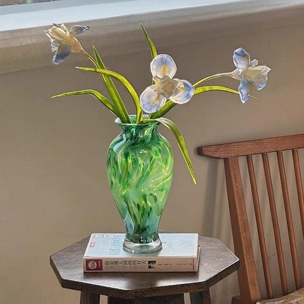 Large Green Glass Flower Vases, Modern Glass Flower Vases, Water Holding Flower Vases, Handmade Flower Vases on Table-artworkcanvas