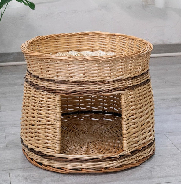 Large Double-Layer Cat Bed, Wicker Cat House Basket with Washable Cushion for Indoor Cats and Dogs-artworkcanvas