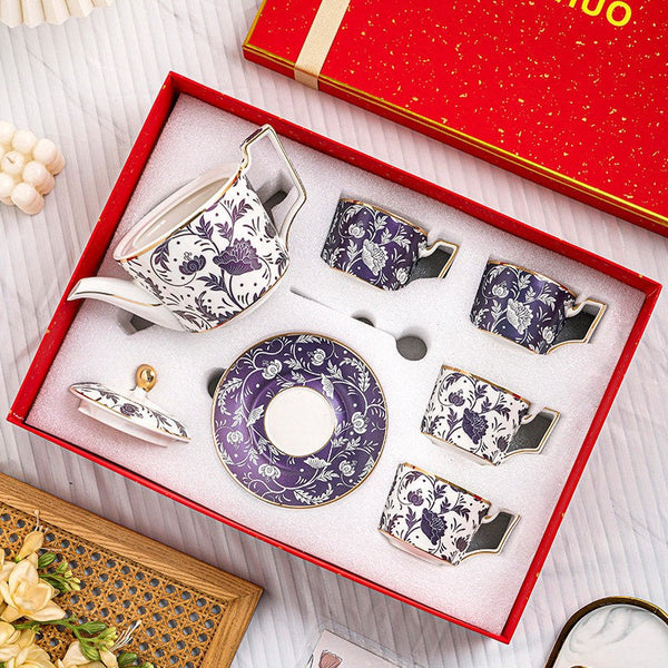 Porcelain Tea Cup and Saucer Set of 4 cups, 8 oz British Traditional Afternoon Tea Cup Set with Teapot, Ceramic Coffee Cup with Saucer in Gift Box-artworkcanvas