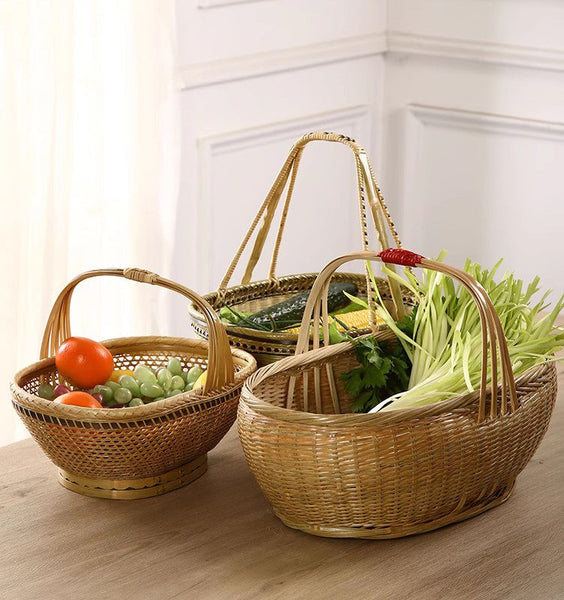 Natural Hand-woven Bamboo Basket, Natural Fruit Basket Kitchen Storage Baskets, Extra Large Picnic Food Basket with Handle, Lovely Bamboo Baskets for Vegetable-artworkcanvas