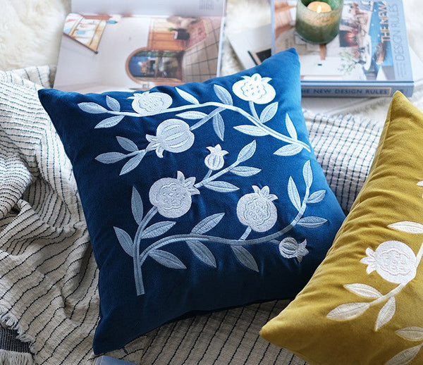 Blue Embroidered Pomegranate Cushion, Large Decorative Pillows for Couch, Living Room Decorative Pillows, Modern Throw Pillows for Bedroom, Decorative Pillow Arrangement Ideas for Couch-artworkcanvas