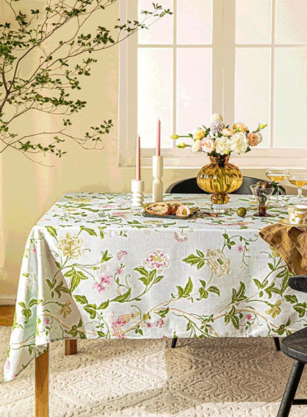 Singing Bird Tablecloth for Round Table, Kitchen Table Cover, Flower Table Cover for Dining Room Table, Modern Rectangle Tablecloth Ideas for Oval Table-artworkcanvas