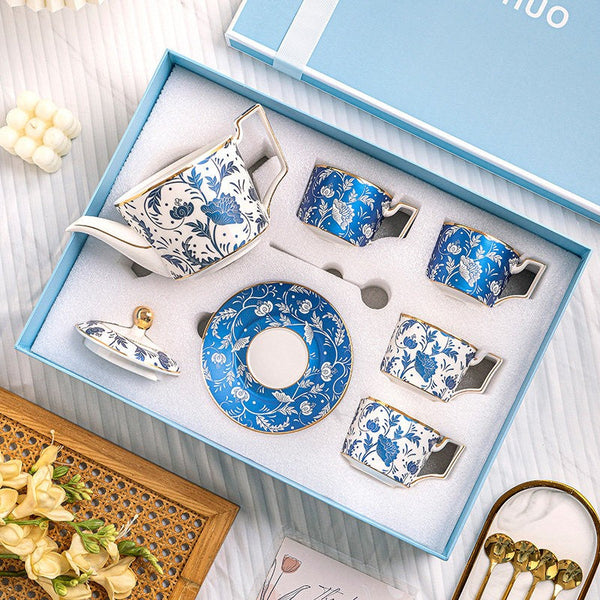 8 oz Traditional Afternoon Tea Blue Porcelain Tea Cup and Saucer Set of 4 cups, British Traditional Afternoon Tea Cup Set with Teapot, Ceramic Coffee Cup with Saucer in Gift Box-artworkcanvas