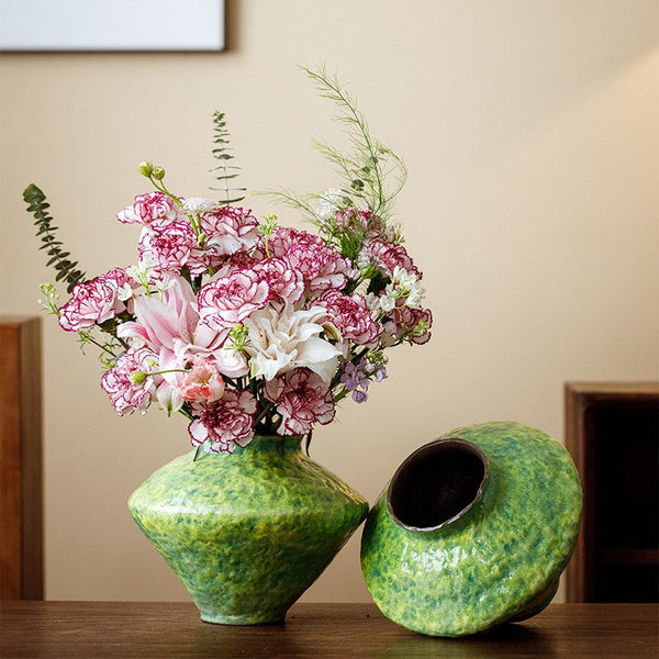 Centerpiece on Dining Table, Modern Pottery Flower Vases, Handmade Water Holding Flower Vases, Pottery Bud Vases, Large Green Flower Vases on Table-artworkcanvas