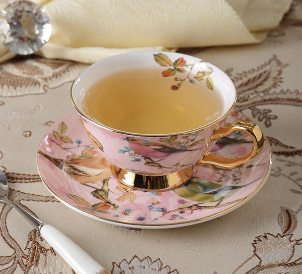 Elegant Ceramic Coffee Cups, 7.4 oz British Tea Cups, Bird Porcelain Tea Cup Saucer Set, Tea Cup and Saucer in Gift Box as Birthday Gift-artworkcanvas