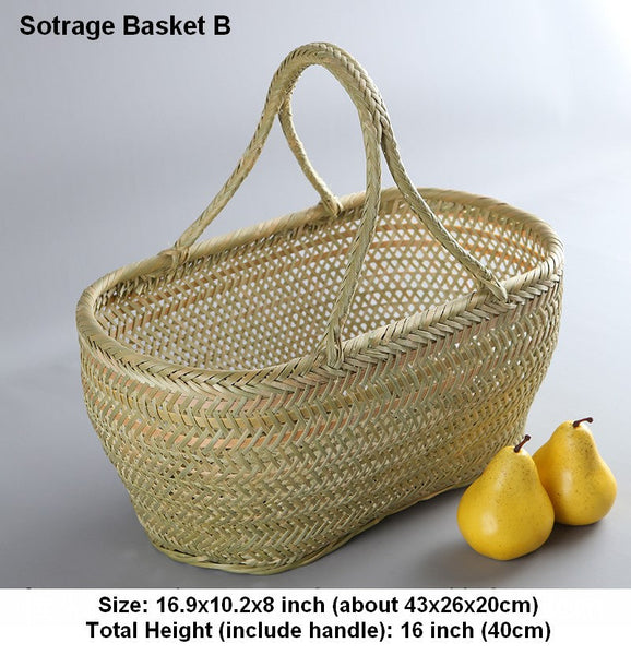 Natural Fruit Basket Kitchen Storage Baskets, Lovely Bamboo Baskets for Vegetable, Picnic Food Basket with Handle, Large Natural Hand-woven Bamboo Basket-artworkcanvas
