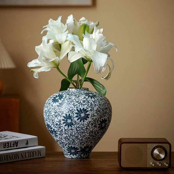 Vintage Bouquet Flower Vases, Centerpiece on Dining Table, Large Blue Flower Vase on Table, Handmade Porcelain Flower Vases Urn, Water Holding Flower Vases-artworkcanvas
