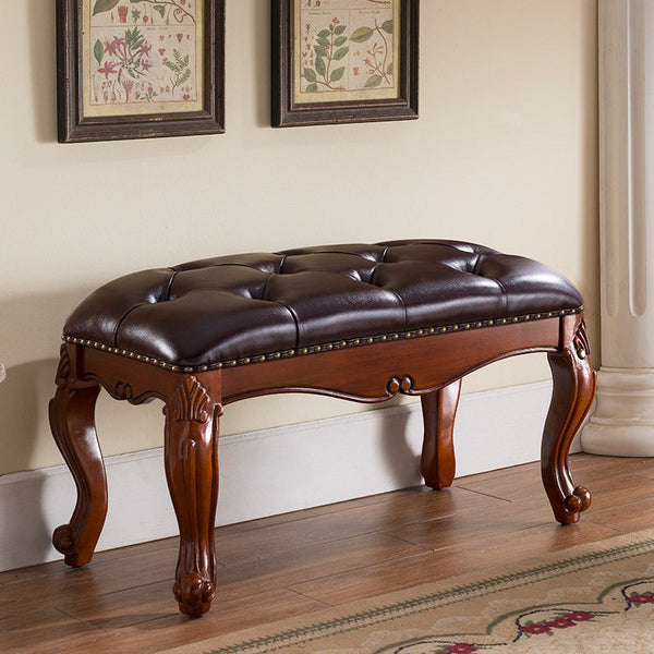 Genuine Leather Solid Wood Entry Bench, Rubber Wood Footstool, Vintage Brown Leather Stool, Farmhouse Entryway Bench, Leather Lounge Chair Modern, Dressing Table Stool-artworkcanvas