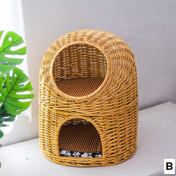 Large Double-Layer Cat Bed, Wicker Cat House Basket with Washable Cushion for Indoor Cats and Dogs-artworkcanvas