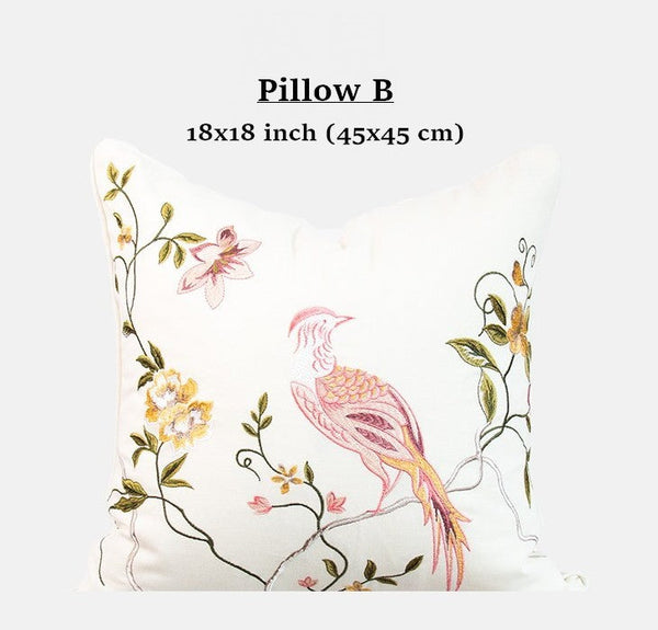 Living Room Decorative Pillows, Modern Decorative Cushions, Decorative Pillows for Bed, Decorative Pillow Arrangement Ideas for Interior Design, Embroidered Floral Bird Pattern Pillow Covers-artworkcanvas