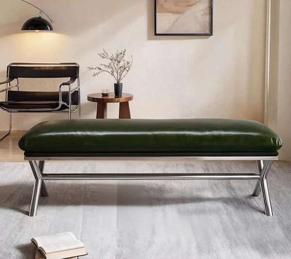 Contemporay Bedroom Bench, Luxury Genuine Leather Entry Bench, Upholstered Shoe Bench, Narrow Entryway Bench, Modern Shoe Changing Ottoman, Mid-Century Hall Bench-artworkcanvas