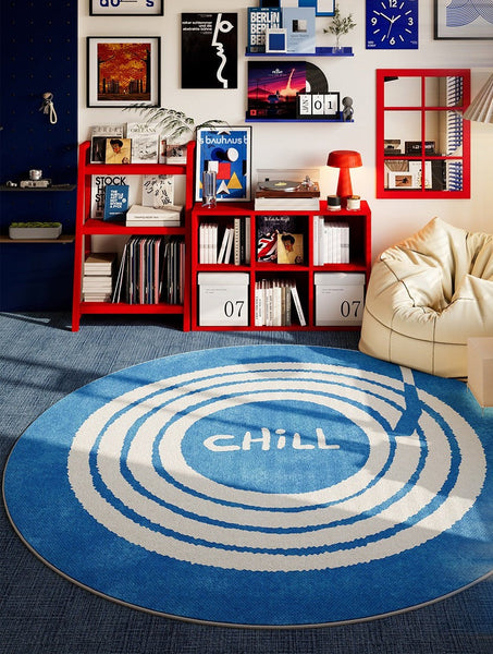 Unique Modern Rugs for Living Room, Geometric Round Rugs for Dining Room, Blue Contemporary Modern Area Rugs for Bedroom, Circular Modern Rugs for Apartments