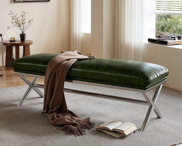Contemporay Bedroom Bench, Luxury Genuine Leather Entry Bench, Upholstered Shoe Bench, Narrow Entryway Bench, Modern Shoe Changing Ottoman, Mid-Century Hall Bench-artworkcanvas