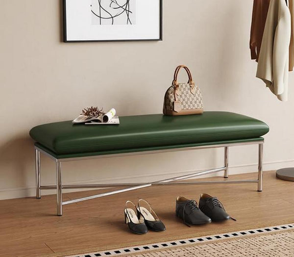 Narrow Entryway Bench, Modern Shoe Changing Ottoman, Mid-Century Hall Bench, Luxury Genuine Leather Entry Bench, Upholstered Shoe Bench, Contemporay Bedroom Bench-artworkcanvas