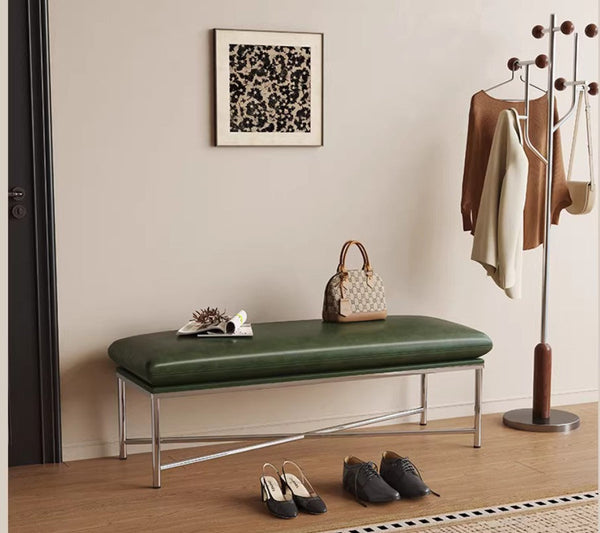 Narrow Entryway Bench, Modern Shoe Changing Ottoman, Mid-Century Hall Bench, Luxury Genuine Leather Entry Bench, Upholstered Shoe Bench, Contemporay Bedroom Bench-artworkcanvas