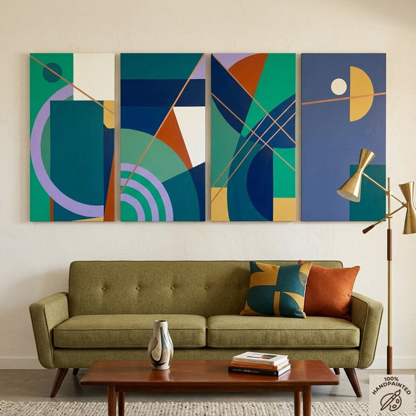 Blue Modern Contemporary Paintings, Geometric Abstract Paintings, Hand Painted Canvas Art, Multi Panel Wall Painting-artworkcanvas