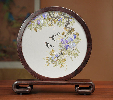 Silk Embroidered Ornament, Premium Souvenir, Exclusive Business Presents, Creative Birthday Gift, Traditional Chinese Suzhou Flower and Birds Embroidery Ornaments-artworkcanvas