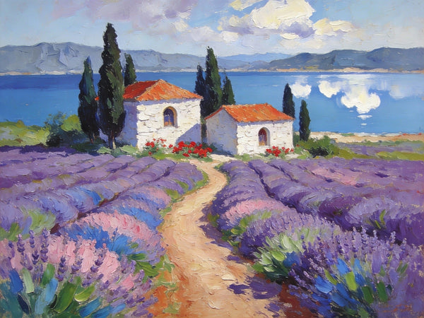 Small Wall Paintings, Lavender Fields and White Cottages, Simple Painting Ideas, Landscape Canvas Paintings, Impasto Wall Art Paintings, On Canvas Small Paintings-artworkcanvas