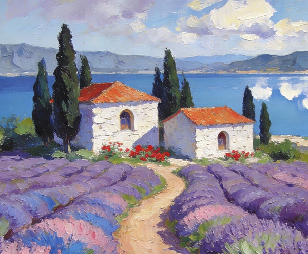 Small Wall Paintings, Lavender Fields and White Cottages, Simple Painting Ideas, Landscape Canvas Paintings, Impasto Wall Art Paintings, On Canvas Small Paintings-artworkcanvas