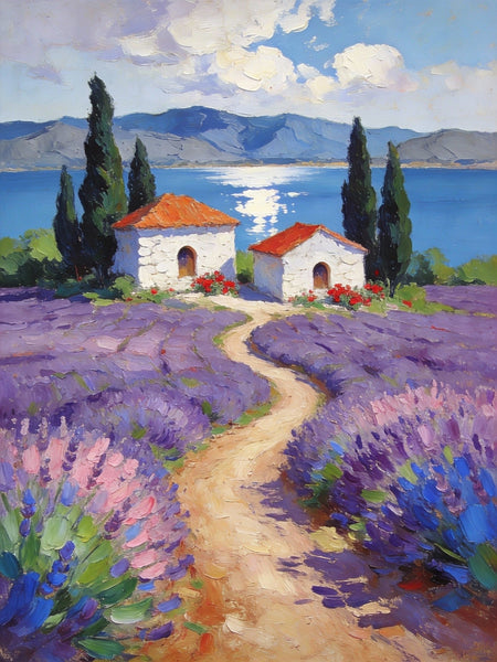 Sunlit Lavender Fields with White Cottages Impasto Paintings, Small Oil Paintings, Small Wall Paintings, Landscape Artwork Canvas Paintings, Small Original Paintings-artworkcanvas