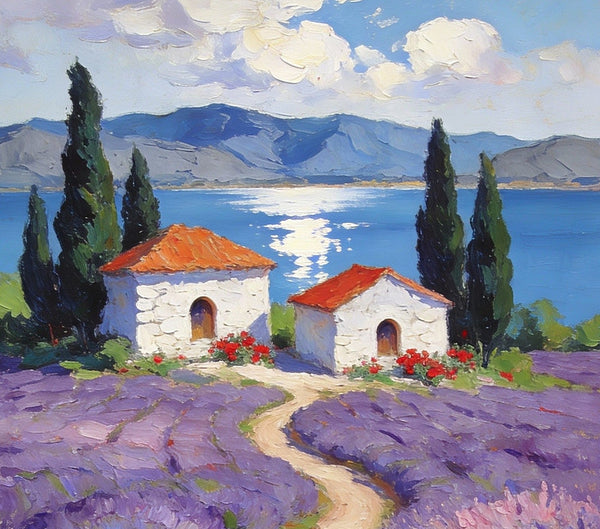 Sunlit Lavender Fields with White Cottages Impasto Paintings, Small Oil Paintings, Small Wall Paintings, Landscape Artwork Canvas Paintings, Small Original Paintings-artworkcanvas