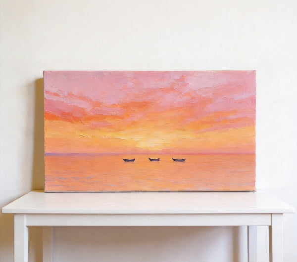 Hand Painted Canvas Artwork, Boats Adrift in Sunset Glow, Small Canvas Wall Art Paintings, Sunset Paintings, Original Seascape Paintings-artworkcanvas