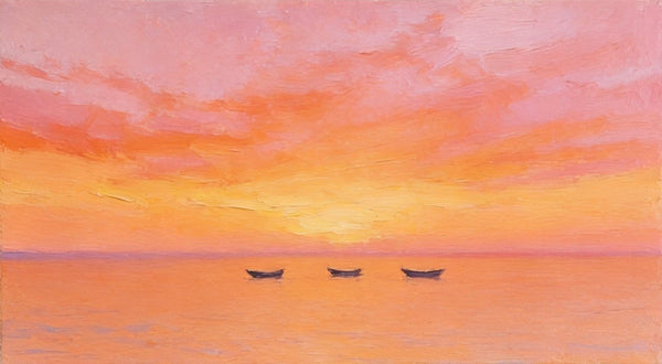 Hand Painted Canvas Artwork, Boats Adrift in Sunset Glow, Small Canvas Wall Art Paintings, Sunset Paintings, Original Seascape Paintings-artworkcanvas